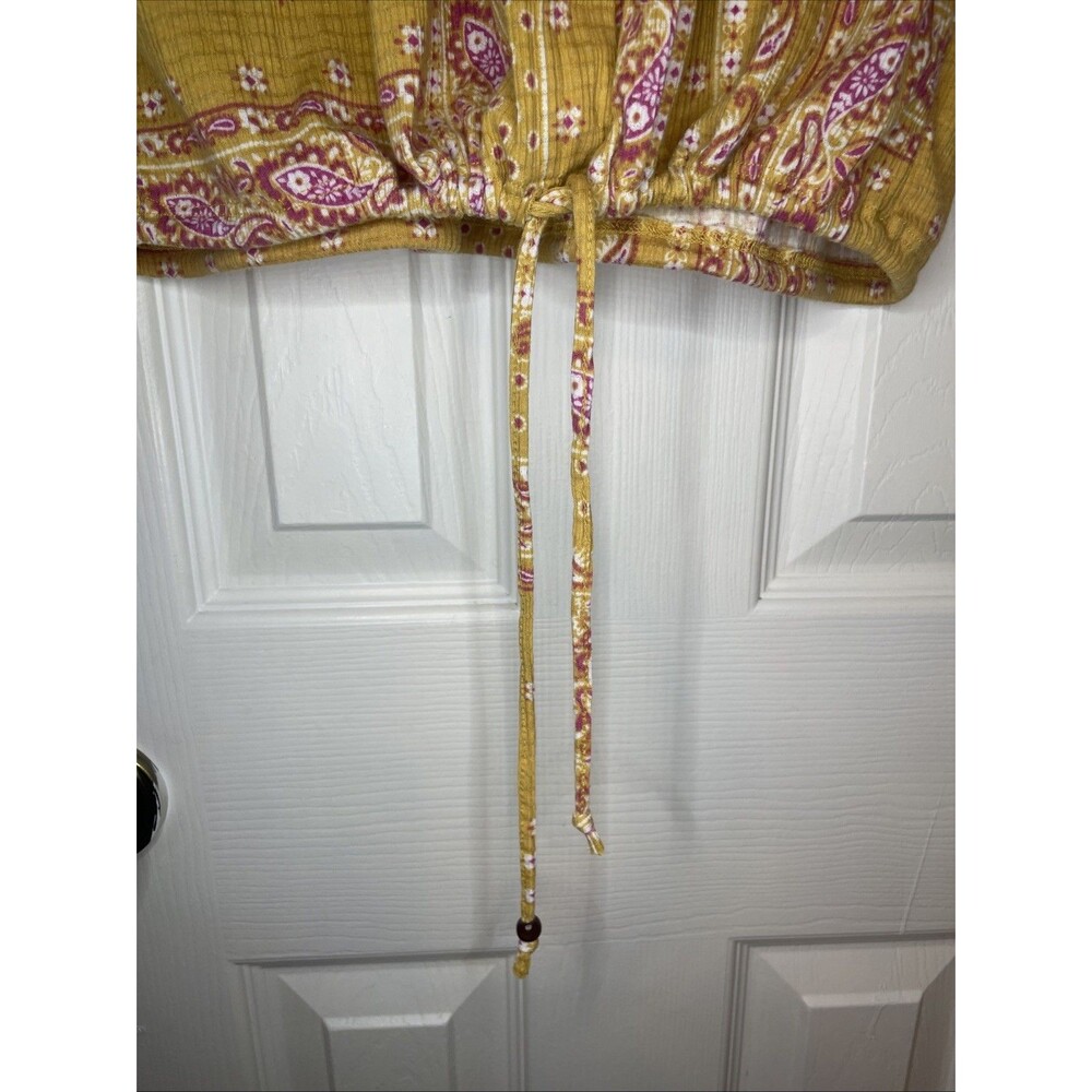 Como Blu Mustard Boho Peasant Blouse L Paisley Print Button Front Drawstring - Picture 4 of 8